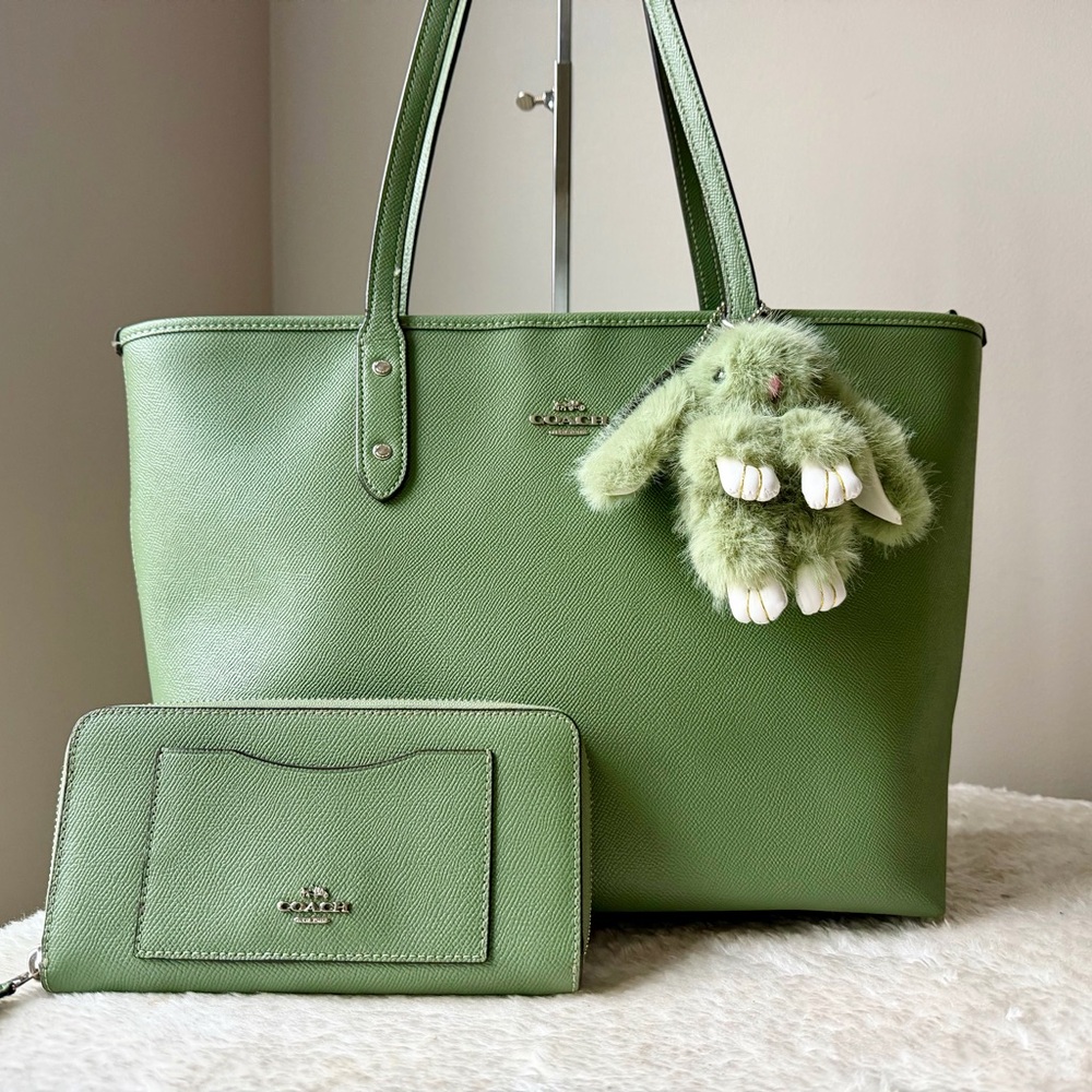 Coach Top Zip tote bag in green with wallet and bunny charm